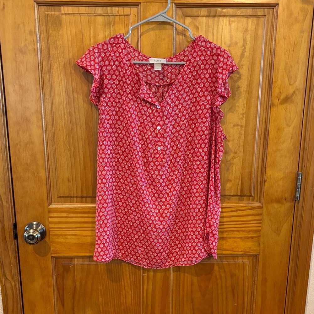LOFT Red Pink Geometric Ruffle-Sleeve Buttoned Blouse